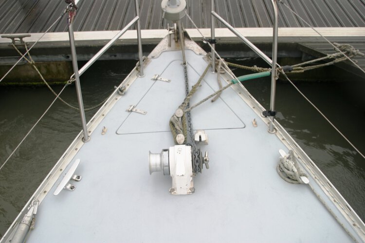 Morgan Giles for sale Fore deck view - Note the anchor winch, mooring cleats and chain locker
