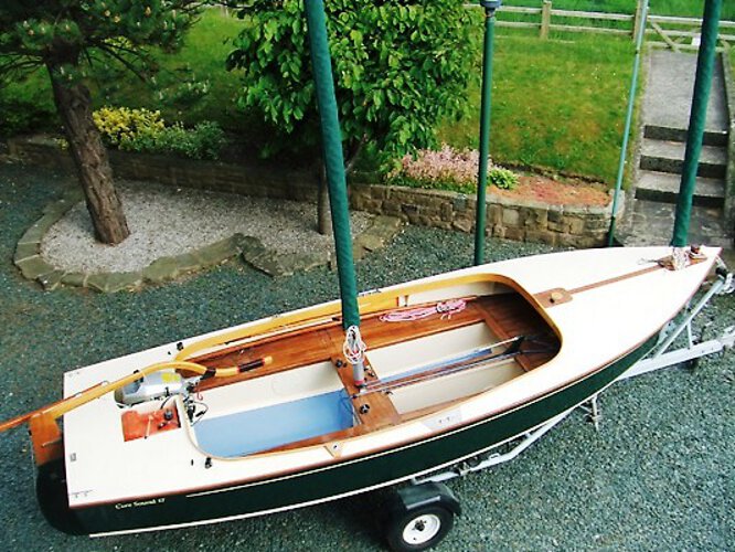 Wooden Classic Core Sound 17for sale Ashore - On her road trailer, note her roomy cockpit