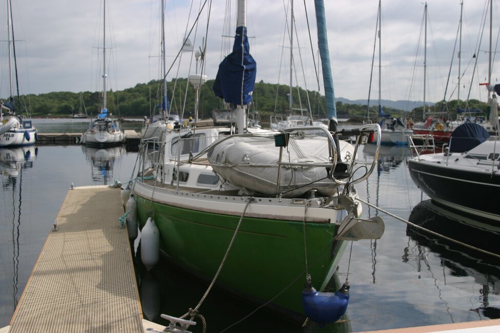 Trident Voyager 35for sale Bow view - Inflatable stored on foredeck. Davits are fitted for dinghy stowing whilst sailing.